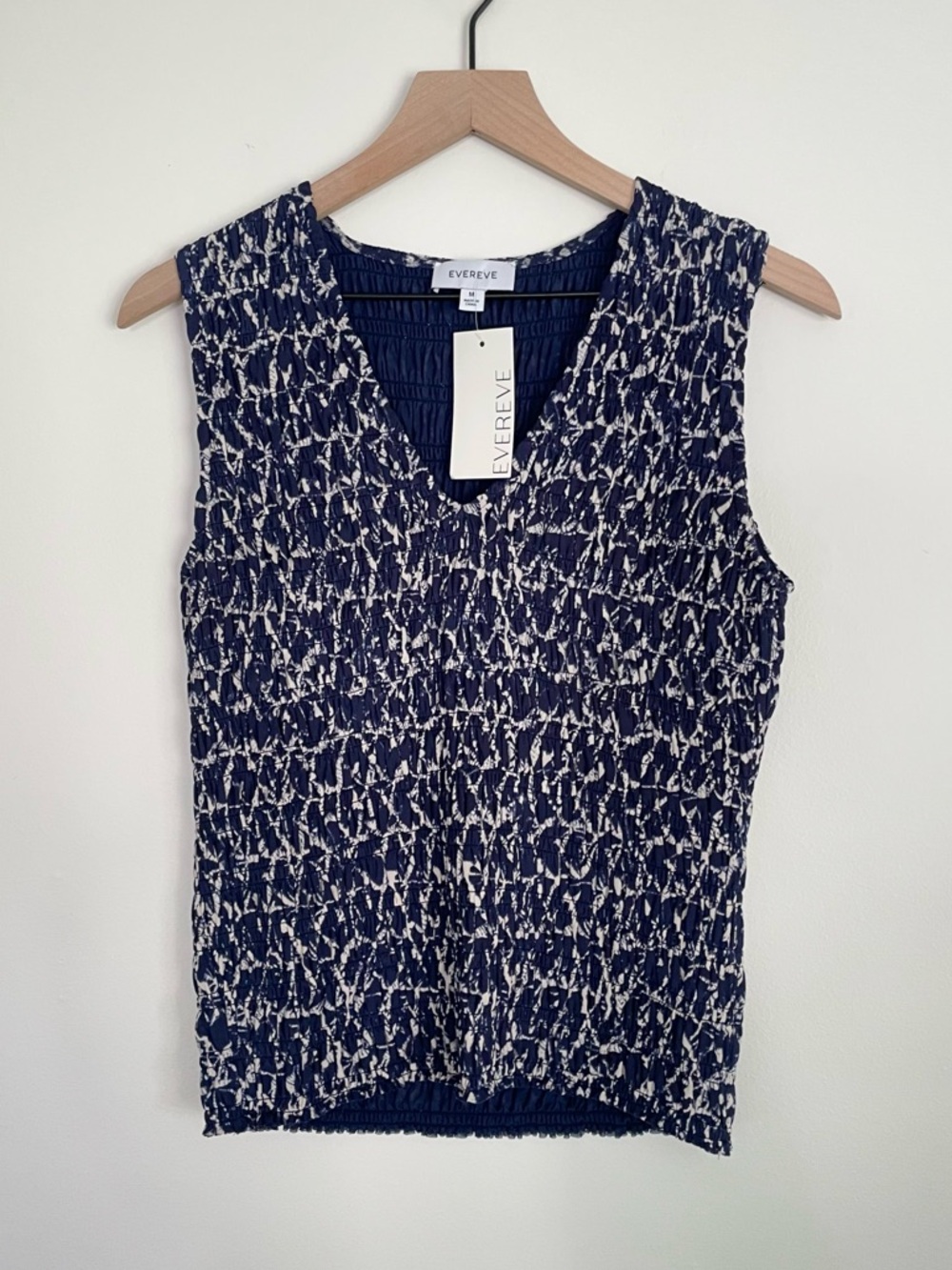 Evereve Navy & White Smocked V-Neck Sleeveless Tank